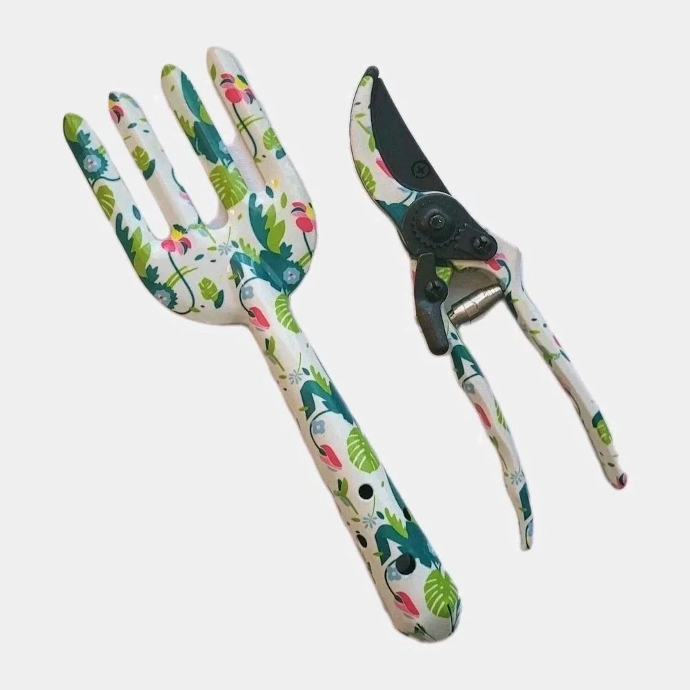 2-Piece Floral Garden Tools hand fork & Pruning Shears Decorative Print Aluminum